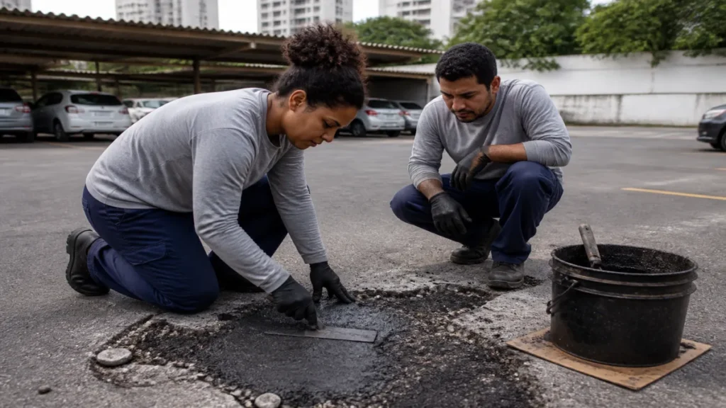 Momento de aplicações em tapa-buracos e reparos emergenciais durante atividade de Asfalto frio.