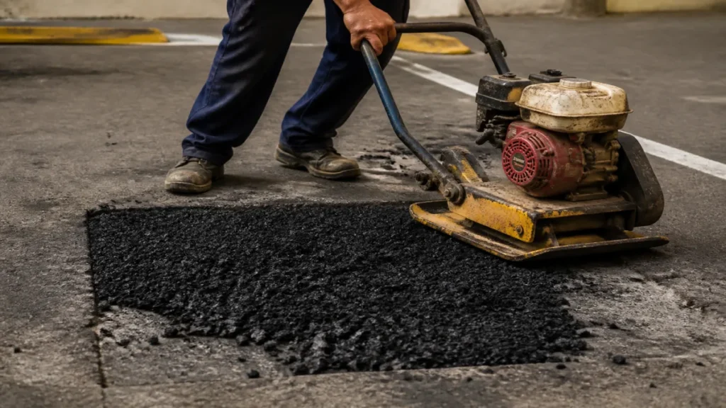 Detalhe prático de compactação, liberação e erros que reduzem a durabilidade aplicado a Asfalto frio.