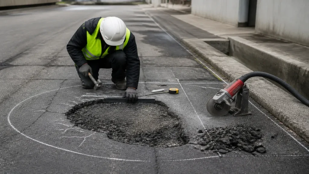 Momento de inspeção, demarcação e corte da área deteriorada durante atividade de manutenção de via interna.