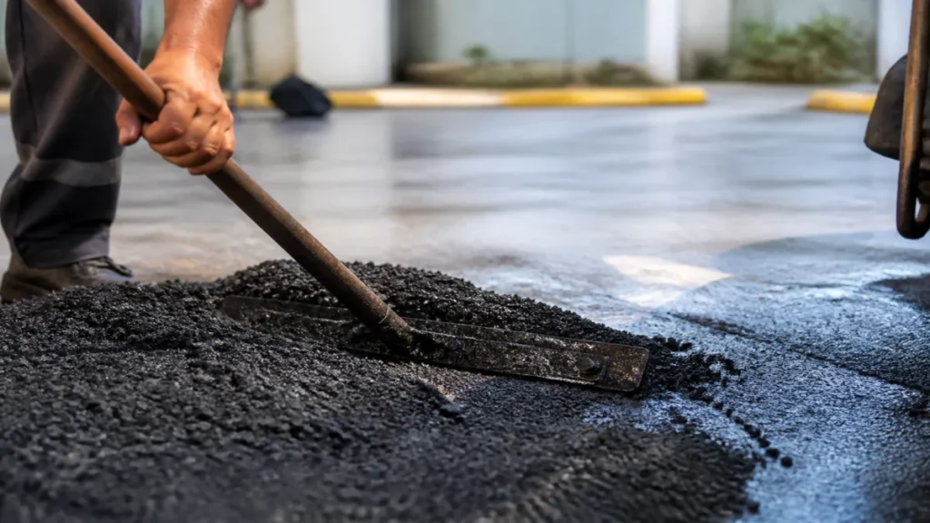Detalhe prático de aderência da massa asfáltica em rampas, curvas e áreas de manobra aplicado a recapeamento para shoppings.