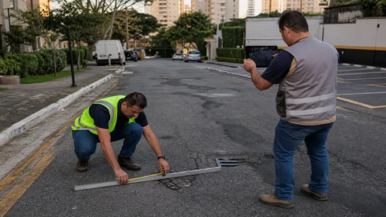 Engenheiro inspeciona asfalto em condomínio, medindo trincas e afundamentos próximos à drenagem de defeitos no asfalto.