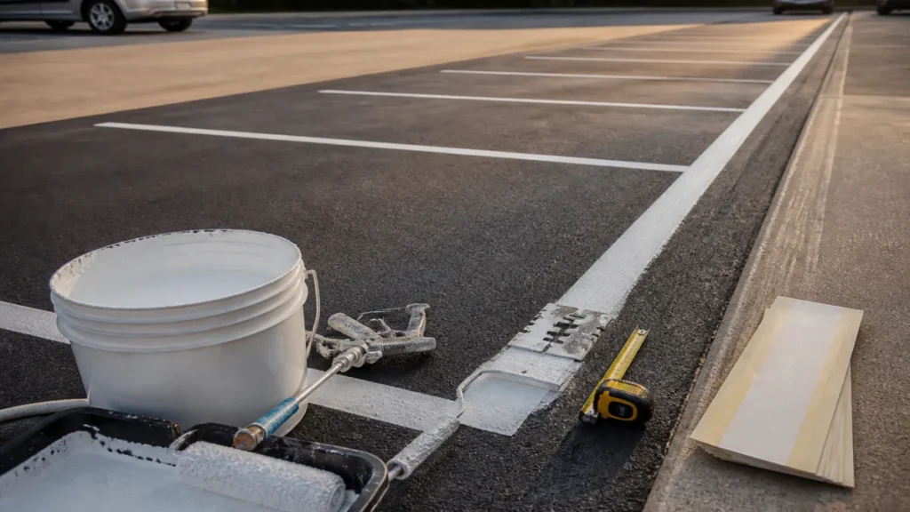 Detalhe prático de demarcação, tinta e manutenção sem retrabalho aplicado a faixa de estacionamento.