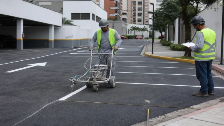 Trabalhadores em São Paulo aplicam pintura branca em faixas de estacionamento em área asfaltada de faixa de estacionamento.