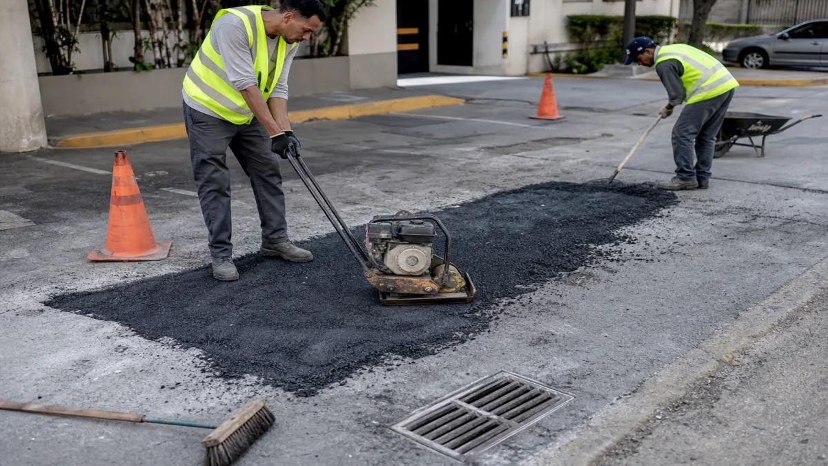 recapeamento para estacionamento: Equipe recapeando estacionamento com asfalto frio em pátio sinalizado, usando .
