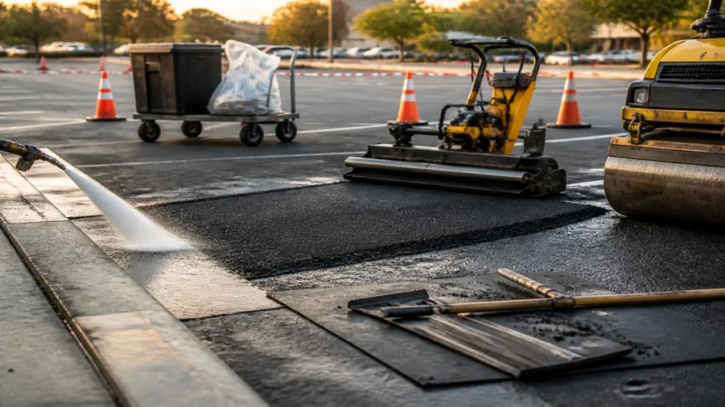 Recapeamento de estacionamento com asfalto frio 2 Detalhe prático de o que entra no escopo e o que costuma ficar de fora aplicado a recapeamento para estacionamento.