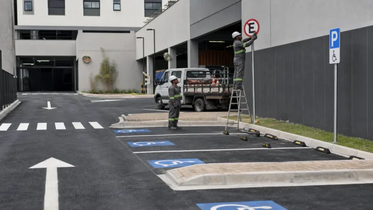 sinalização de áreas privadas: Trabalhadores instalando placa de sinalização em estacionamento de condomínio emp.