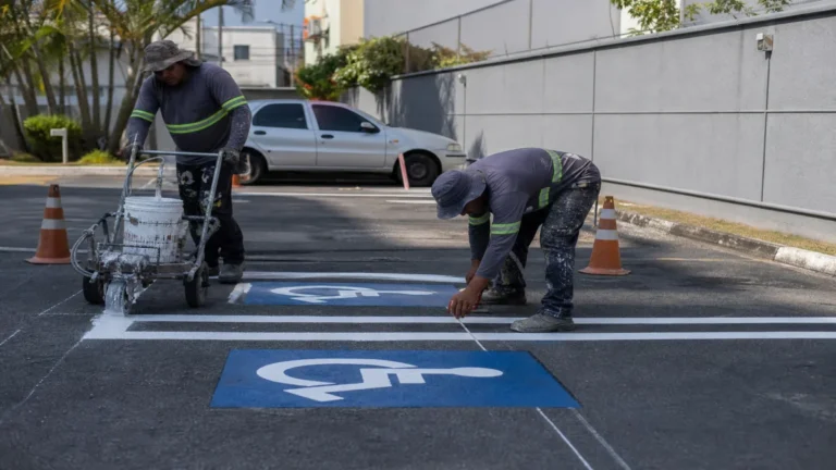 Equipe pintando sinalização de vagas para deficientes em estacionamento, utilizando rolo e ferramentas apropriadas