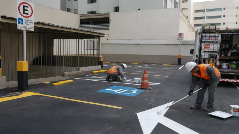 sinalização para estacionamento: Equipe sinalizando estacionamento em pátio de condomínio, com vagas demarcadas .