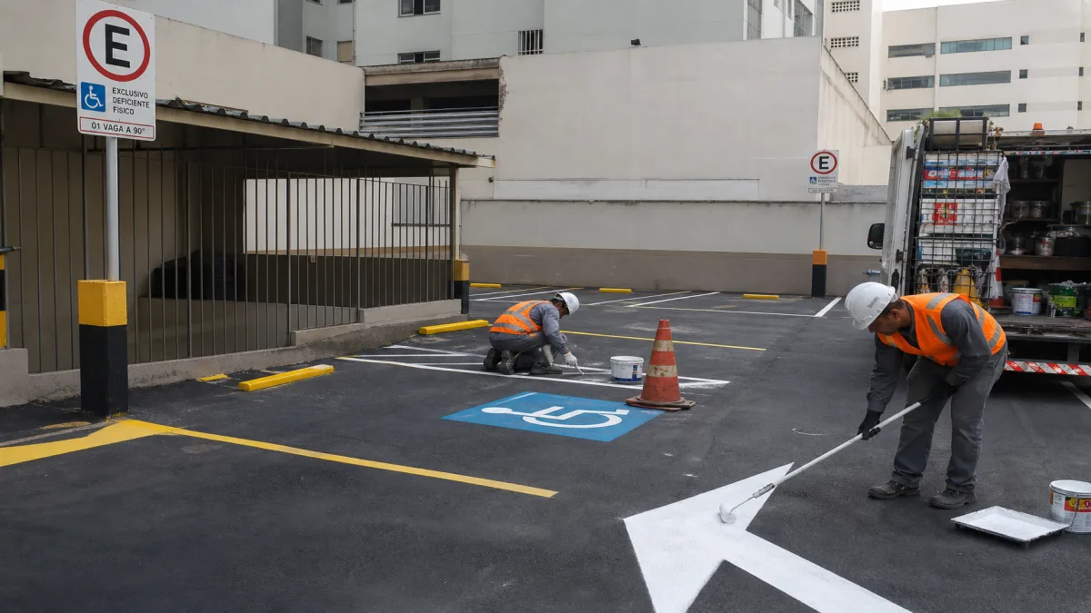 sinalização para estacionamento: Equipe sinalizando estacionamento em pátio de condomínio, com vagas demarcadas .