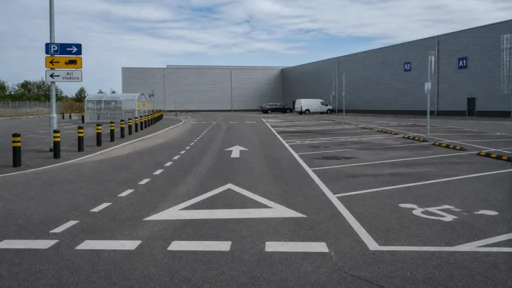 Momento de dimensionamento de vagas, corredores e áreas especiais durante atividade de sinalização para estacionamento.