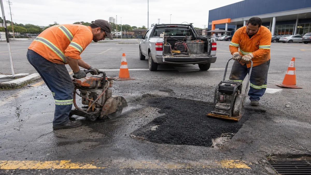 Equipe realiza tapa-buraco em estacionamento utilizando massa asfáltica a frio e compactador de tapa-buraco urgente.