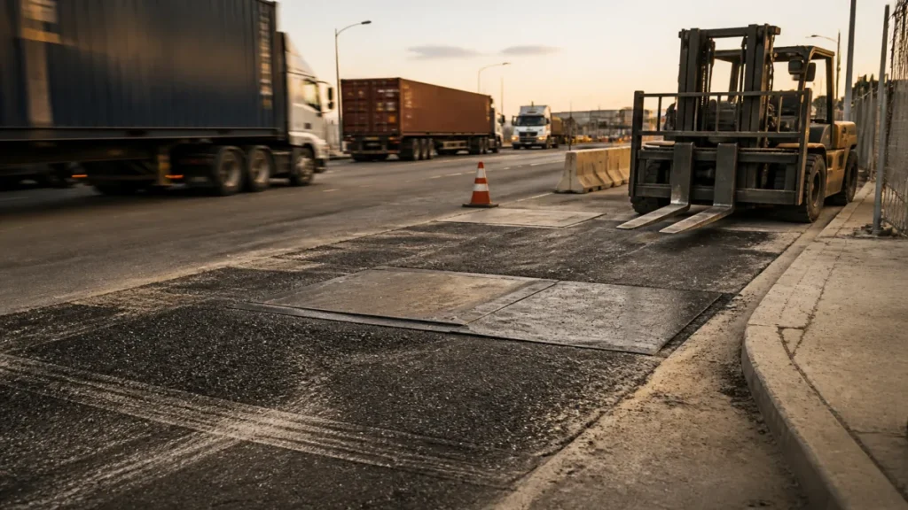 Fechamento de valas em vias públicas: cuidados com a recomposição do asfalto 2 Detalhe prático de frentes industriais, corredores de serviço e tráfego pesado aplicado a fechamento de valas em vias.