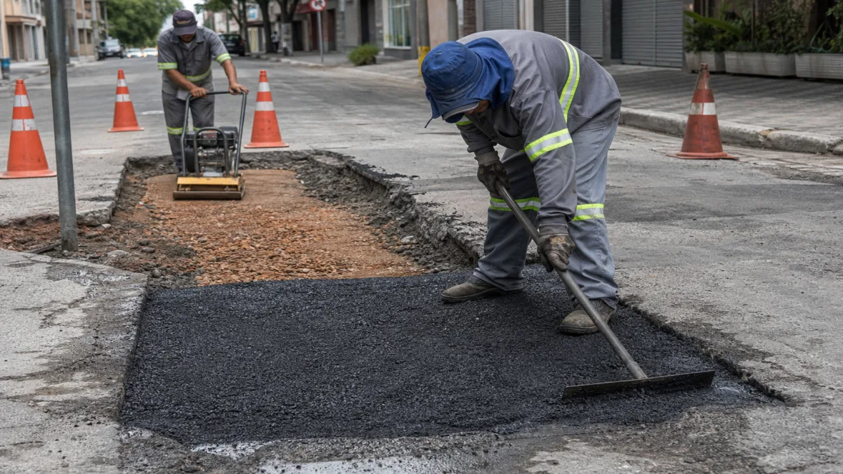 fechamento de valas em vias públicas: Equipe trabalhando na recomposição do asfalto em vala aberta em rua urbana.