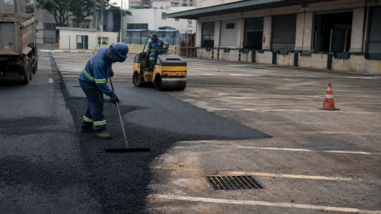 Equipe recapeando pátios em área de manobra com rolo compactador e sinalização de obra de recapeamento de pátios.