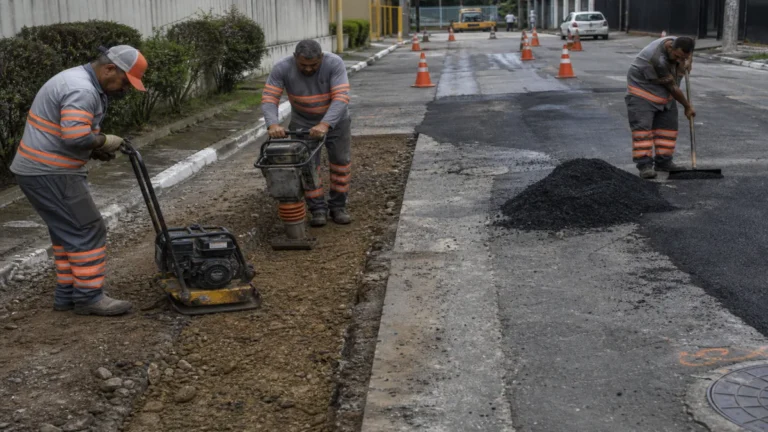 recomposição de asfalto em redes de esgoto: Equipe realizando recomposição de asfalto em via urbana de São Paulo.