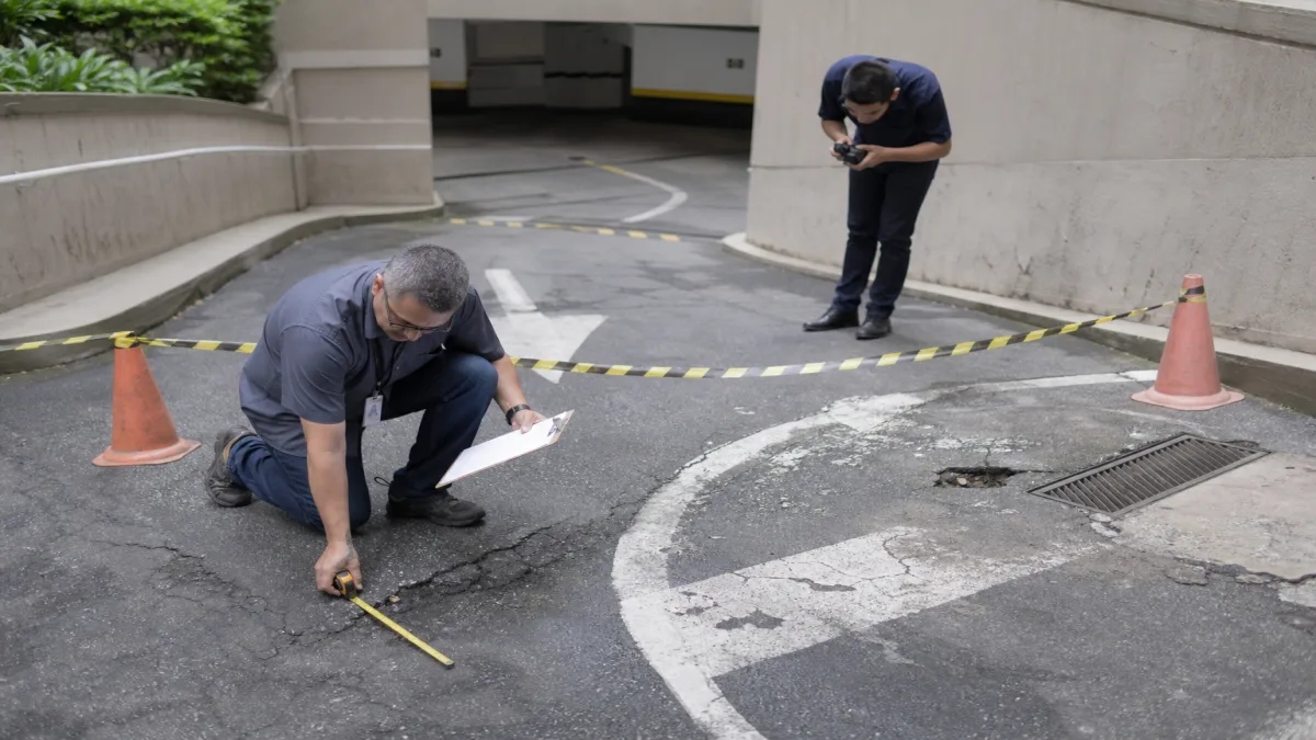 responsabilidade civil do pavimento: Técnico realizando vistoria em rampa de condomínio, medindo danos no pavime.