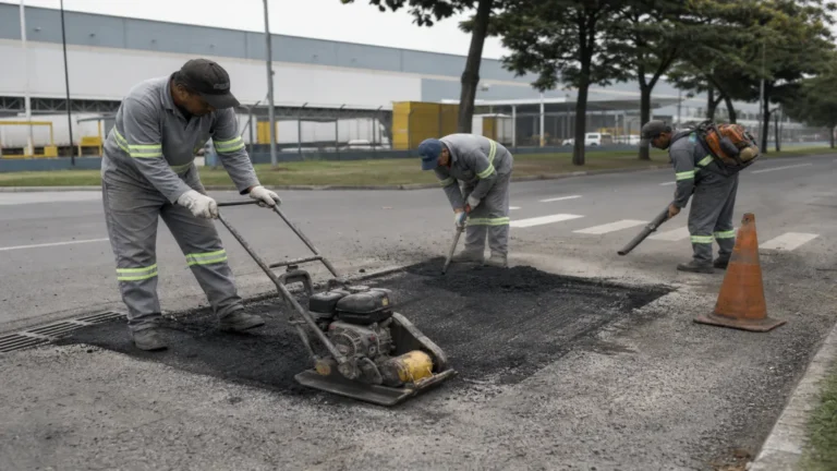 Equipe realiza reparo em buracos em acesso asfaltado de condomínio logístico em São Paulo de tratamento de buracos.