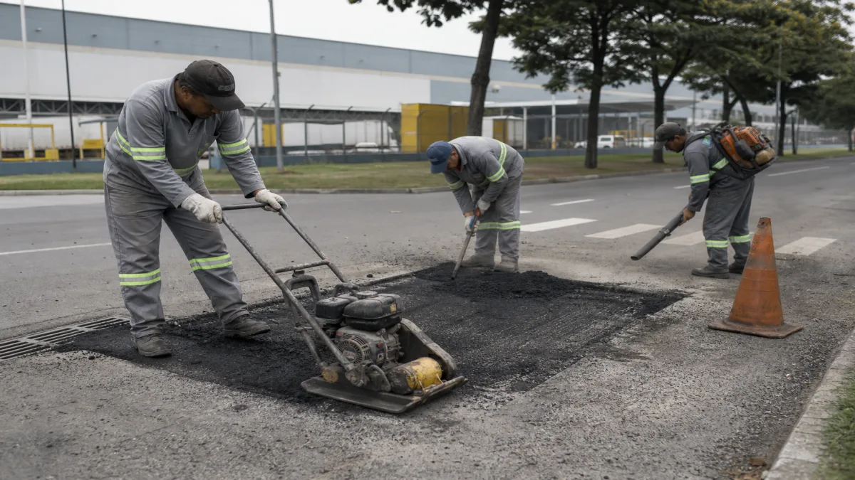 Equipe realiza reparo em buracos em acesso asfaltado de condomínio logístico em São Paulo de tratamento de buracos.